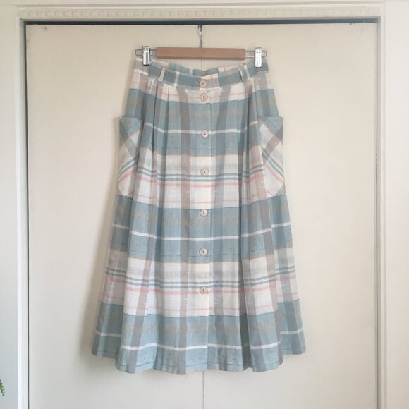 Vintage Dresses & Skirts - Vintage Pastel Pink & Sage Green Pocket Pleated Button Up Made in Canada Skirt